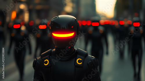 Futuristic robots with glowing visors marching on a city street, showcasing the rise of artificial intelligence and its potential impact on society photo