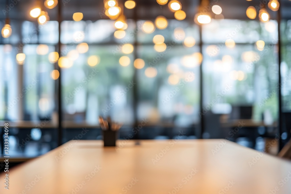 Empty office desk, lights, blurred background, meeting Empty office desk, lights, blurred background, meeting
