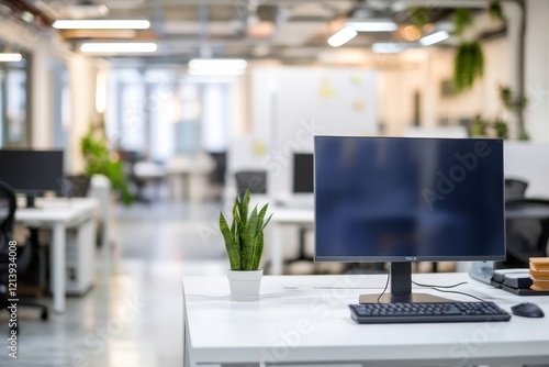 Wallpaper Mural Modern office desk, computer, plant, blurred background, workspace Torontodigital.ca