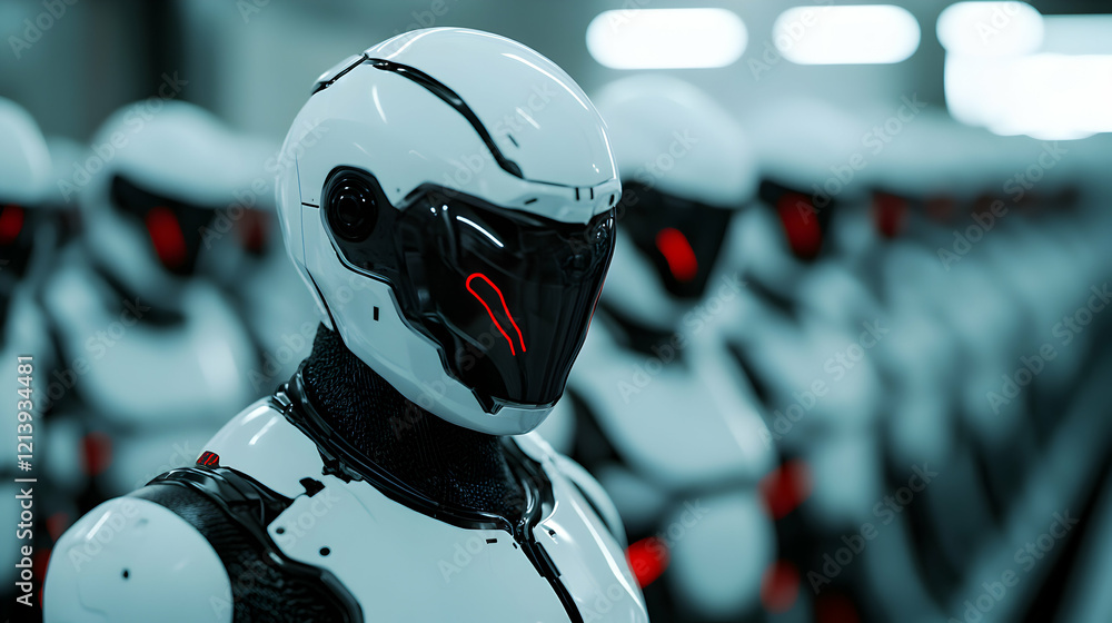 Fototapeta premium Humanoid robots wearing protective white black gear, standing in precise formation with glowing red lights inside shadowy industrial warehouse space