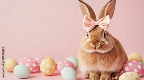 Graceful brown rabbit adorned with a bow, surrounded by festive polka-dot eggs on a pink backdrop. photo