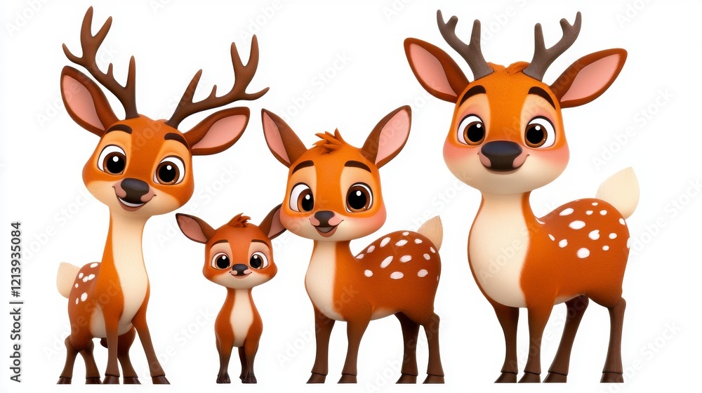 A cute cartoon family of deer, featuring four characters with antlers and spots, displaying a lively and playful atmosphere. A cute cartoon family of deer, featuring four characters with antlers and spots, displaying a lively and playful atmosphere.