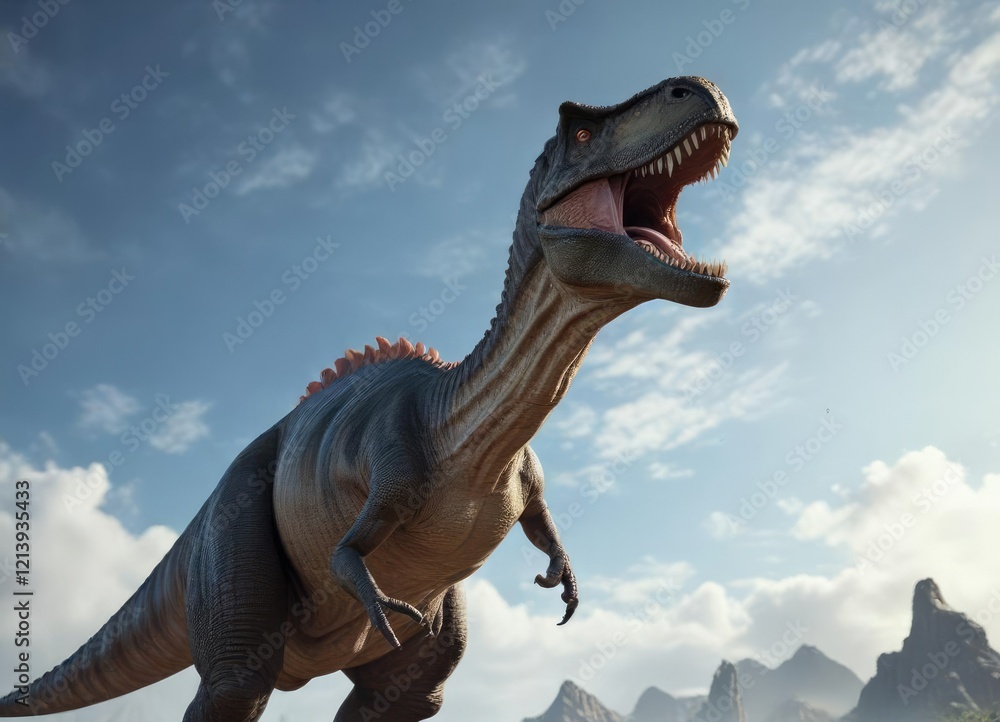 Fototapeta premium Dinosaur with long neck stretching towards sky, dinosaur, prehistoric, mystical