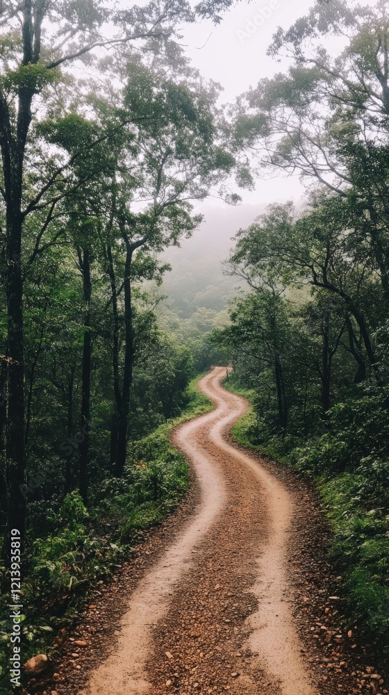 Serene Winding Dirt Path Through Lush Green Forest Surrounded by Misty Mountains in a Peaceful Nature Landscape Serene Winding Dirt Path Through Lush Green Forest Surrounded by Misty Mountains in a Peaceful Nature Landscape