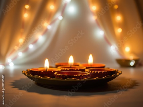 Diwali decorative plate with burning diya on dark background, festive, decorative photo