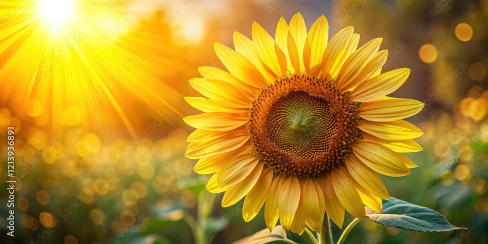 Fototapeta premium A close-up shot of a single sunflower facing the warm sunlight, its bright yellow petals glistening with dew, as a beam of light shines through its center , flower, summer