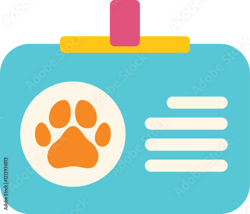 Blue pet id card with an orange paw print, showing the pet's belonging and identity