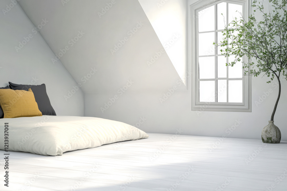 Fototapeta premium Bright and airy minimalist bedroom with a soft bed and natural light during the day