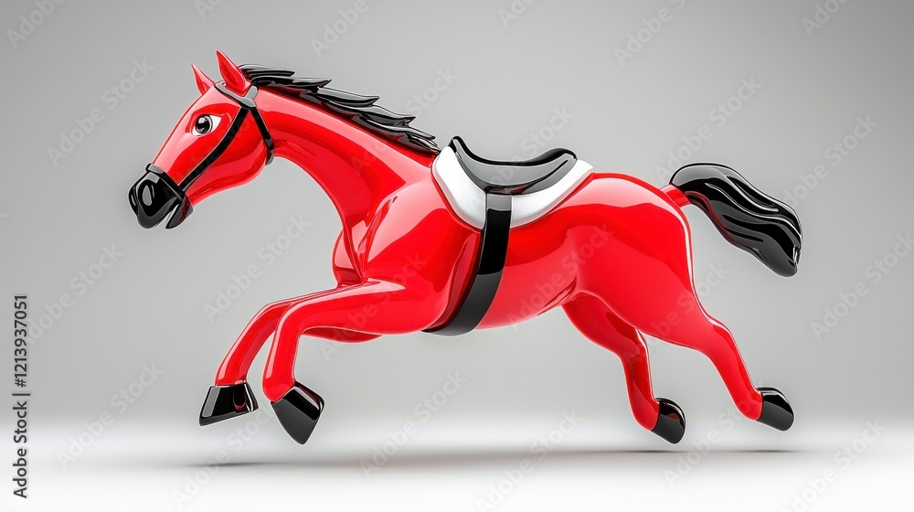 A glossy red toy horse is depicted in motion, showcasing its sleek design and vibrant color against a neutral background. A glossy red toy horse is depicted in motion, showcasing its sleek design and vibrant color against a neutral background.