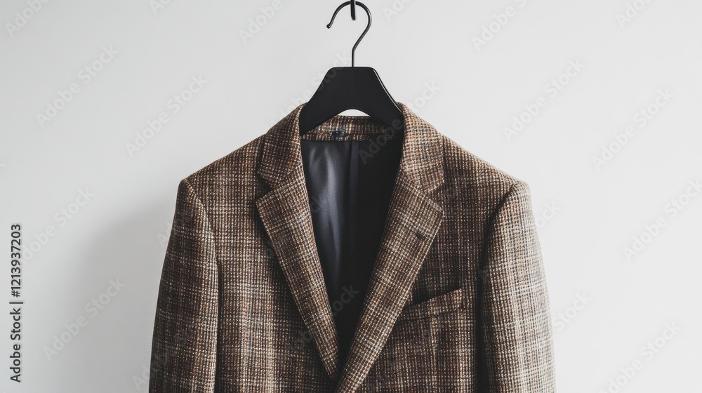 Stylish Brown Blazer on Hanger Against White Background Stylish Brown Blazer on Hanger Against White Background