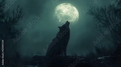 Lone Wolf Howling at Ominous Moon in Dark Gothic Forest Landscape