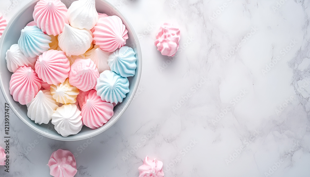 Tasty meringue cookies in bowl on white marble table, top view Tasty meringue cookies in bowl on white marble table, top view