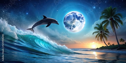 Fototapeta Naklejka Na Ścianę i Meble -  Ocean night scene with a dolphin leaping from the sea onto a surfing wave under a full moon shining on a tropical background, ocean at night, surfing wave