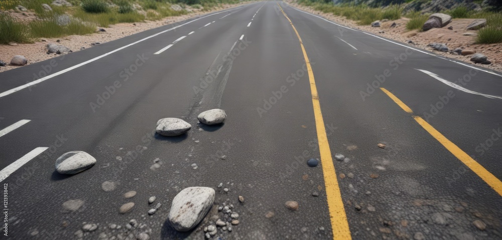 Obraz premium Empty road with a few rocks and pebbles scattered along the centerline, rugged terrain, natural beauty, solitary drive