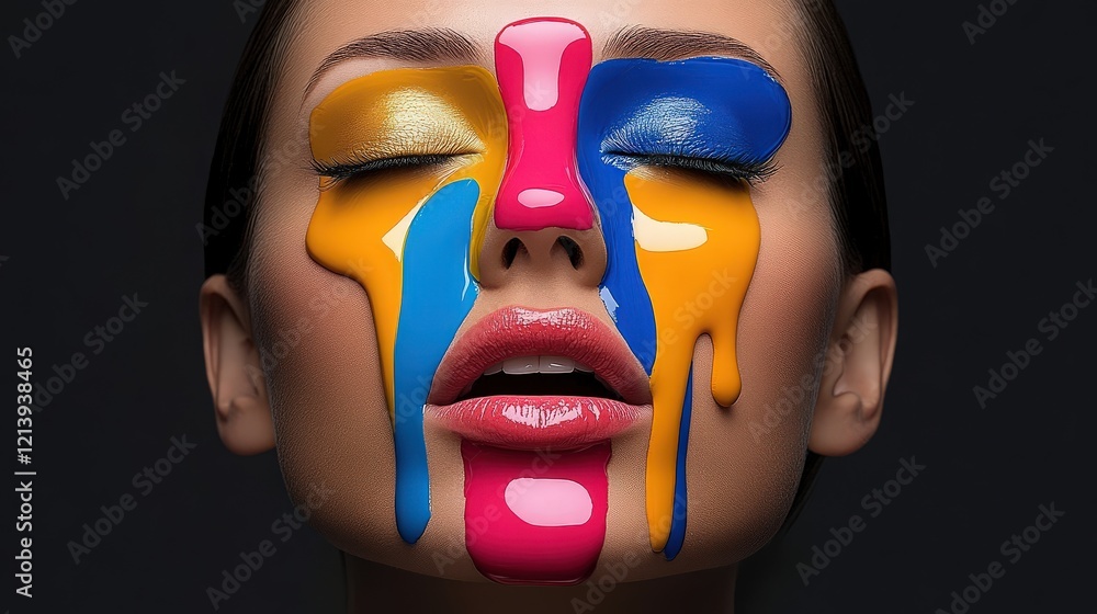 Liquid Dreams: A close-up of a woman's face adorned with vibrant, dripping paint in yellow, pink, and blue, creating an abstract, modern, and captivating image of beauty and artistry. Liquid Dreams: A close-up of a woman's face adorned with vibrant, dripping paint in yellow, pink, and blue, creating an abstract, modern, and captivating image of beauty and artistry.