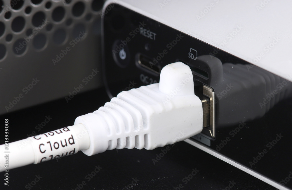 A wire with an Rj45 connector for Internet connection is installed in telecommunications equipment. A wire with an Rj45 connector for Internet connection is installed in telecommunications equipment.