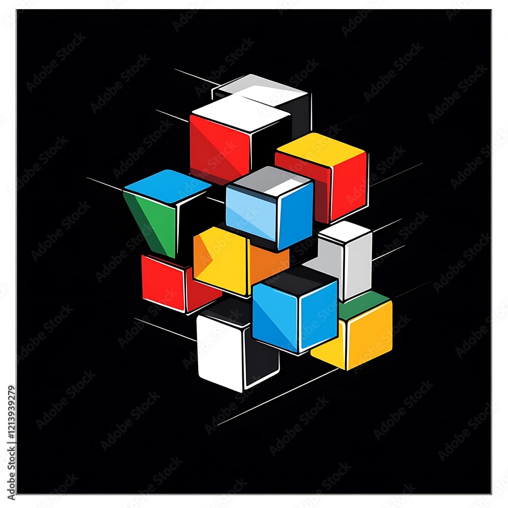 Obraz premium Abstract colorful 3D cubes cluster on black background. Possible use Design inspiration