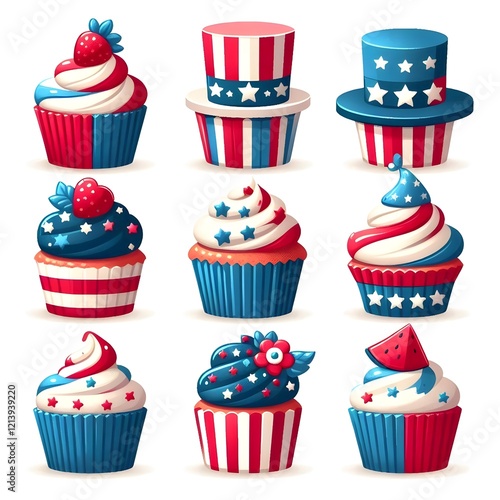 4th of July cupcakes set sweets food. USA happy independence day icing muffin with red and blue stars, flag, cylinder hat. Flat design cartoon holiday dessert vector clip art illustration