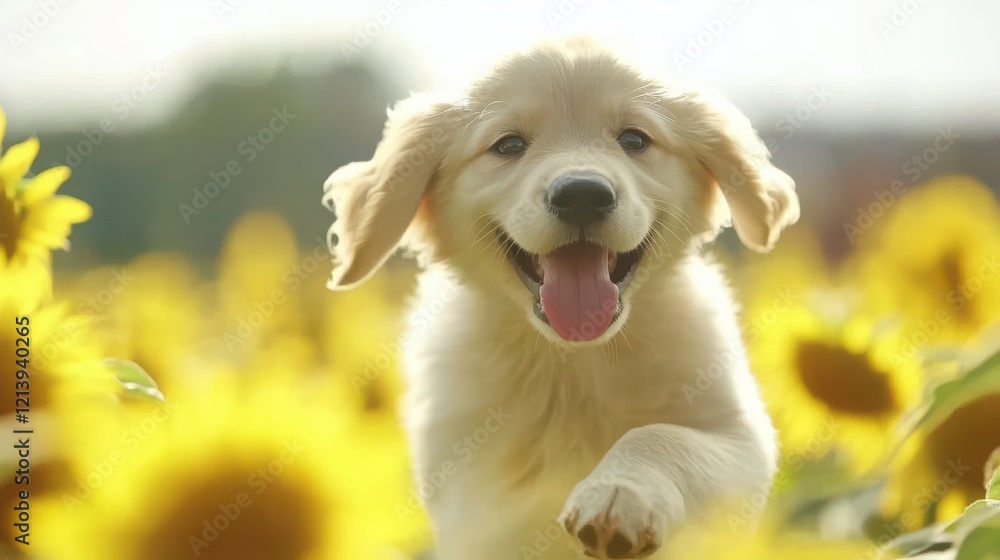 Happy Puppy Running Through a Field of Sunflowers Happy Puppy Running Through a Field of Sunflowers