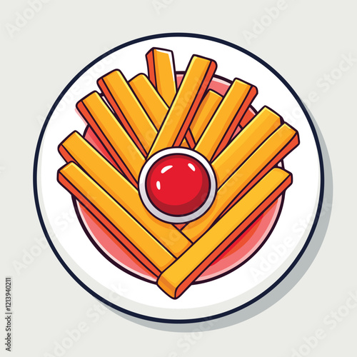 French fries vector illustration. Potato fries on the plate. Dipping sauce ketchup.