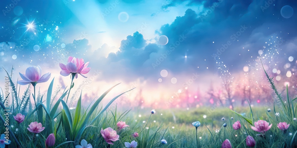 Fototapeta premium Soft pink and blue hues blend together in a cloudy spring morning sky with dew-kissed grass and blooming flowers in the foreground