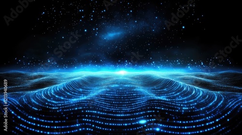 Futuristic digital landscape with glowing blue waves
