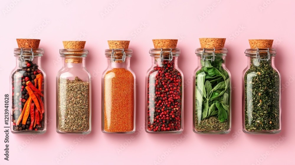 Colorful array of spices and herbs in glass jars