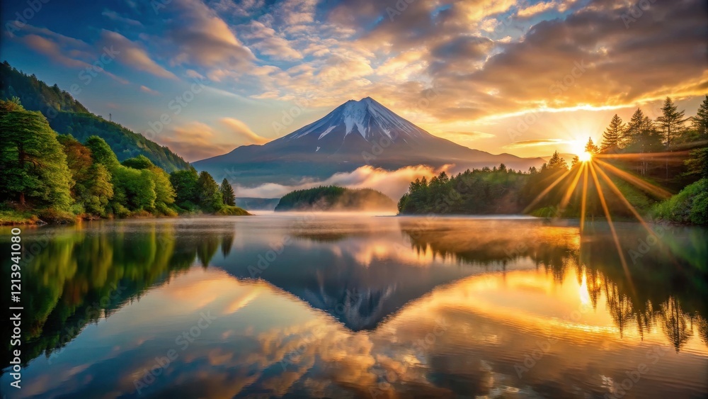 Fototapeta premium A majestic mountain landscape with a serene lake and a rising sun casting a warm glow over the scenery, serenity, peaceful