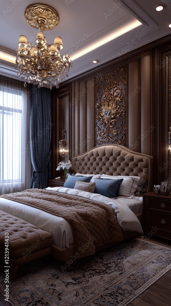 Fototapeta premium Luxurious Bedroom Interior Design with Tufted Headboard and Elegant Decor