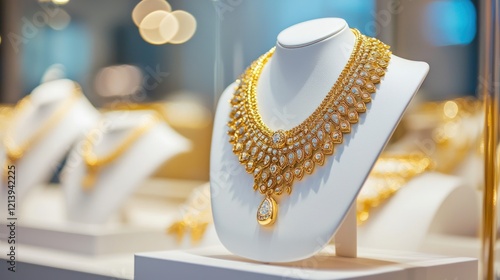 A stunning gold necklace with intricate detailing, elegantly displayed on a white stand