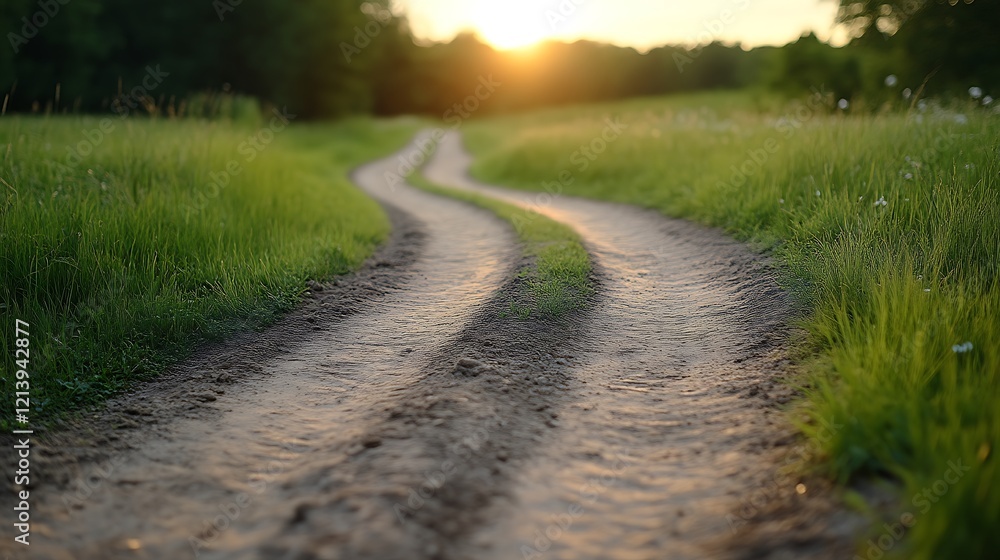 Fototapeta premium Sunset Country Road: Serene Winding Path Through Lush Green Fields