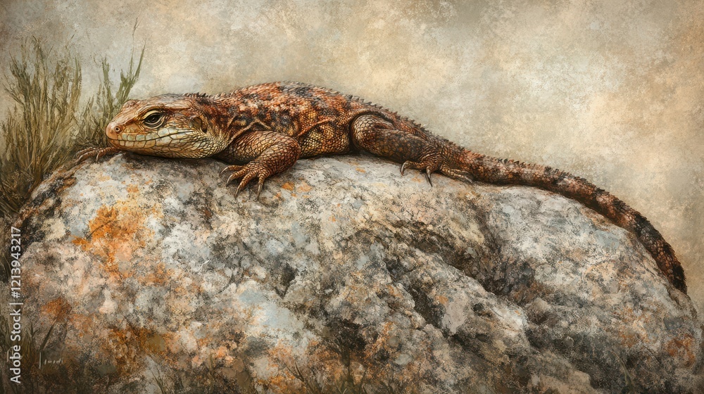 Lizard Sunbathing on a Rock in Warm Desert Light Lizard Sunbathing on a Rock in Warm Desert Light