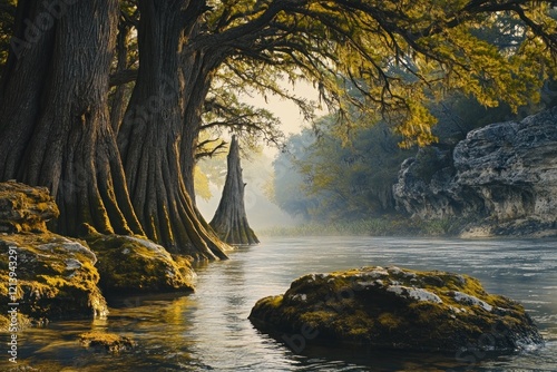 Misty Riverbank with Ancient Trees at Sunrise photo