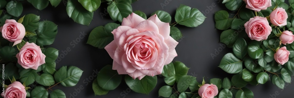 Fototapeta premium A top view of a delicate pink rose and green leaves forming a border, decorative, leaf