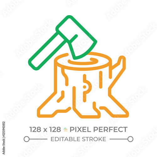 Deforestation two color line icon. Tree stump and axe. Forest degradation and exploitation. Chopping wood. Bicolor outline symbol. Duotone linear pictogram. Isolated illustration. Editable stroke