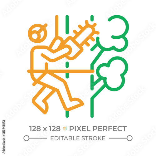 Tree trimming two color line icon. Arborist worker with chainsaw. Professional trimming. Tree maintenance. Bicolor outline symbol. Duotone linear pictogram. Isolated illustration. Editable stroke