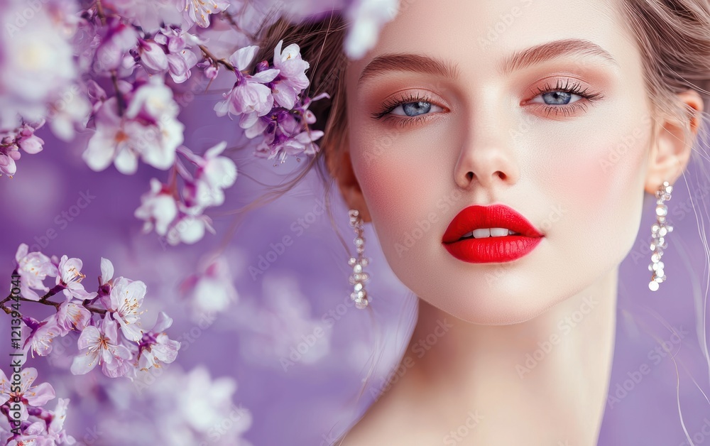 A glamorous woman with bold red lipstick and sparkling earrings, on a soft lavender backdrop with subtle pastel flower details for a spring celebration A glamorous woman with bold red lipstick and sparkling earrings, on a soft lavender backdrop with subtle pastel flower details for a spring celebration