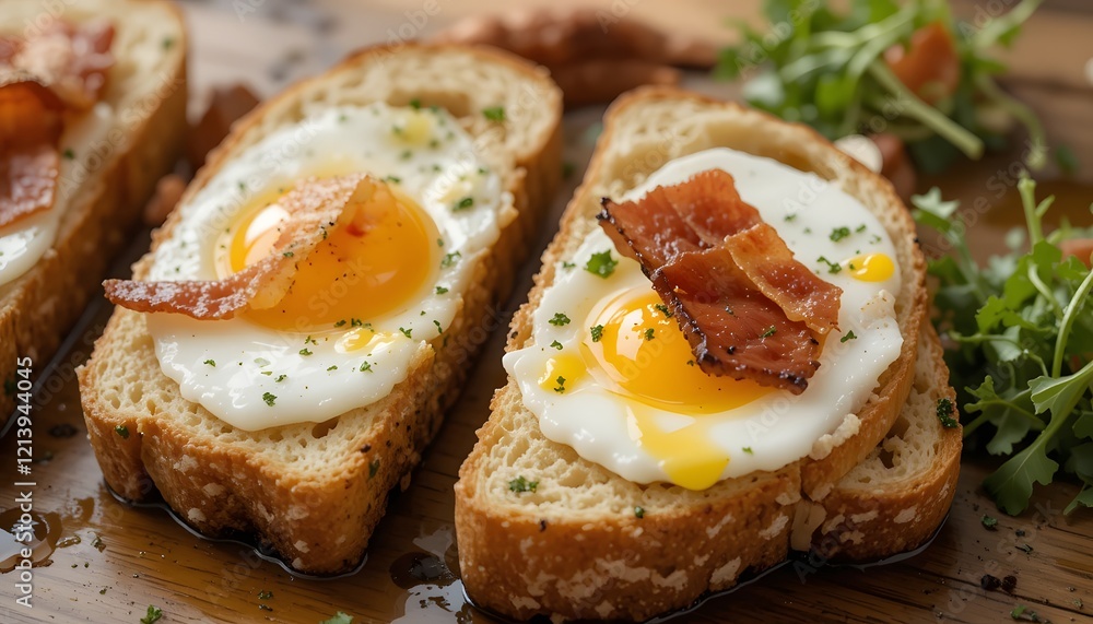 Slices of toast with a soft-boiled egg in the center, served with crispy bacon strips and a small side of arugula salad drizzled with olive oil. Slices of toast with a soft-boiled egg in the center, served with crispy bacon strips and a small side of arugula salad drizzled with olive oil.