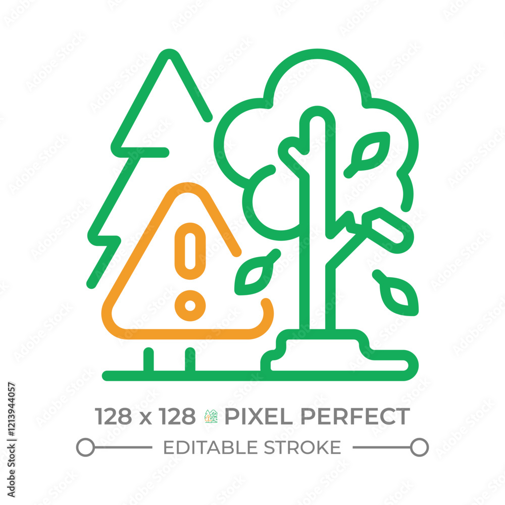 Tree risk two color line icon. Falling leaves. Warning sign and trees. Environmental risk. Forest safety. Bicolor outline symbol. Duotone linear pictogram. Isolated illustration. Editable stroke Tree risk two color line icon. Falling leaves. Warning sign and trees. Environmental risk. Forest safety. Bicolor outline symbol. Duotone linear pictogram. Isolated illustration. Editable stroke