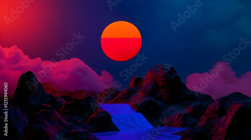 Synthwave landscape depicting cascading waterfall running through dark mountain peaks, geometric sun glowing against vivid pink hued sky, generating retro futuristic surreal scenery photo