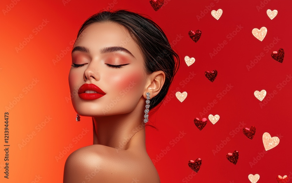 A glamorous woman with bold red lipstick and sparkling earrings, placed on a gradient red-orange background filled with soft heart accents for Saint Valentines Day and International Womens Day A glamorous woman with bold red lipstick and sparkling earrings, placed on a gradient red-orange background filled with soft heart accents for Saint Valentines Day and International Womens Day