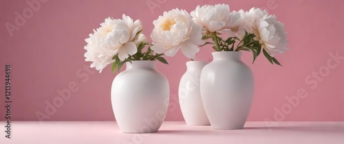 Fototapeta Naklejka Na Ścianę i Meble -  Delicate white peonies in tall white ceramic vase on pink backdrop, floral, minimalist, arrangement
