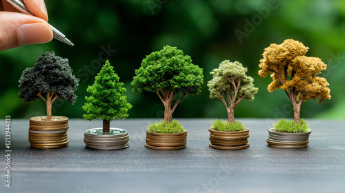 Growing Investments: A hand delicately points to a series of miniature trees planted in stacks of coins, symbolizing growth, investment, and the passage of time. photo