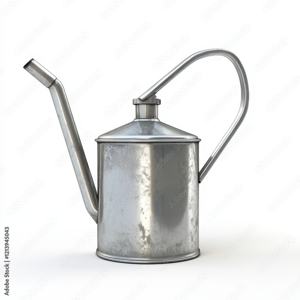 A weathered metal watering can sits on a white background A weathered metal watering can sits on a white background