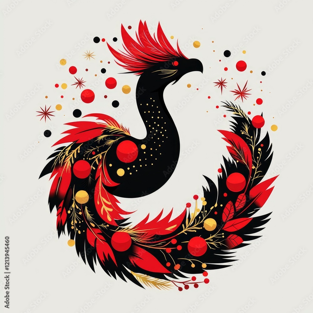 Obraz premium Elegant Stylized Phoenix Bird in Red, Black, and Gold Wreath Design