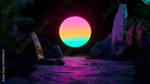 Neon sun glowing over nocturnal tropical shoreline, casting vibrant light on silhouetted palm trees and rocky terrain with retro inspired luminescent atmosphere photo