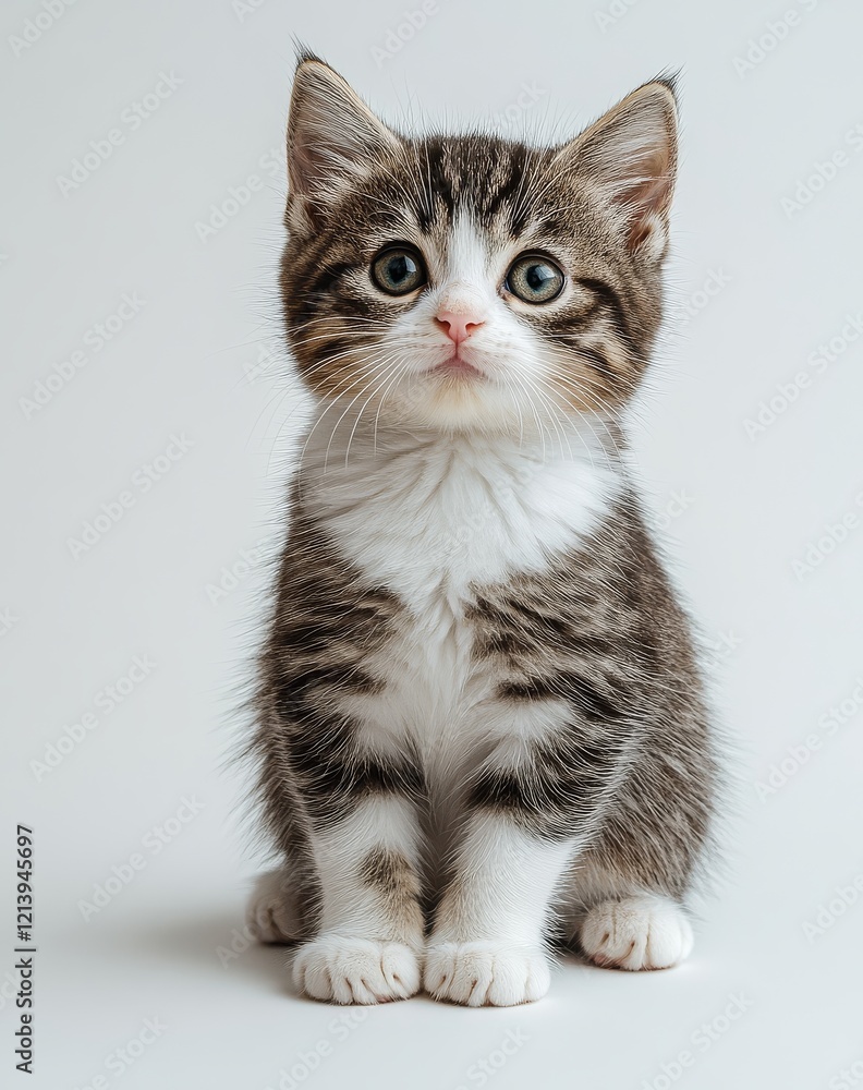 Adorable gray and white fluffy male cat sitting on a stark-white background with soft lighting, captured in a full-body front view. Adorable gray and white fluffy male cat sitting on a stark-white background with soft lighting, captured in a full-body front view.