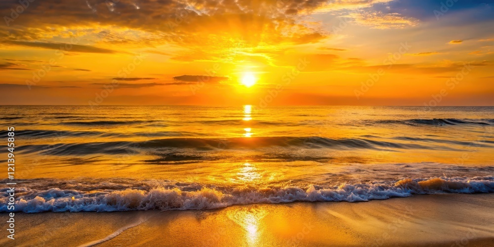 Fototapeta premium Golden sunrise over a peaceful ocean horizon with waves gently rolling in , serene atmosphere