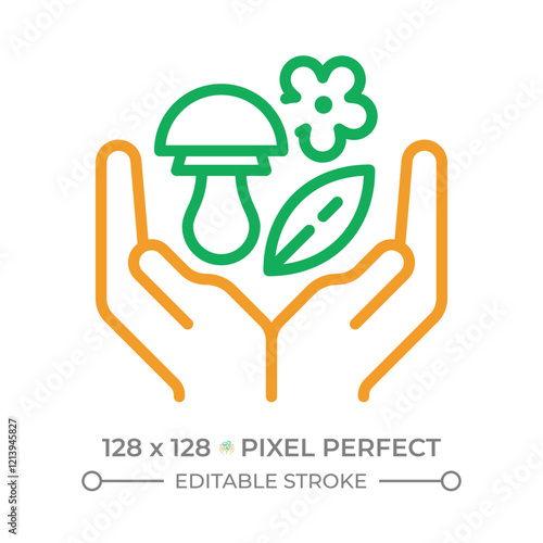 Forest foraging two color line icon. Mushroom hunting, harvesting. Forest gathering. Plant identification. Bicolor outline symbol. Duotone linear pictogram. Isolated illustration. Editable stroke