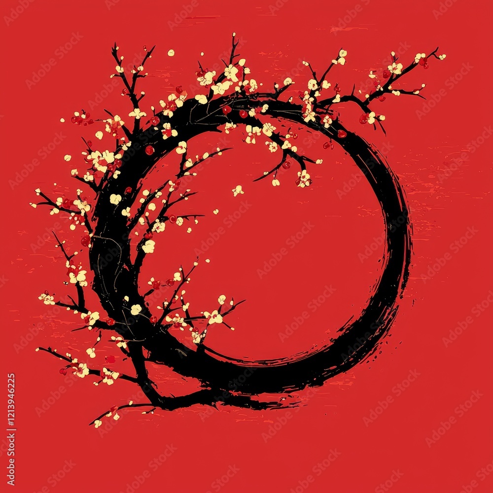 Obraz premium Elegant Plum Blossom Branch Encircling a Black Ink Circle on Red Background